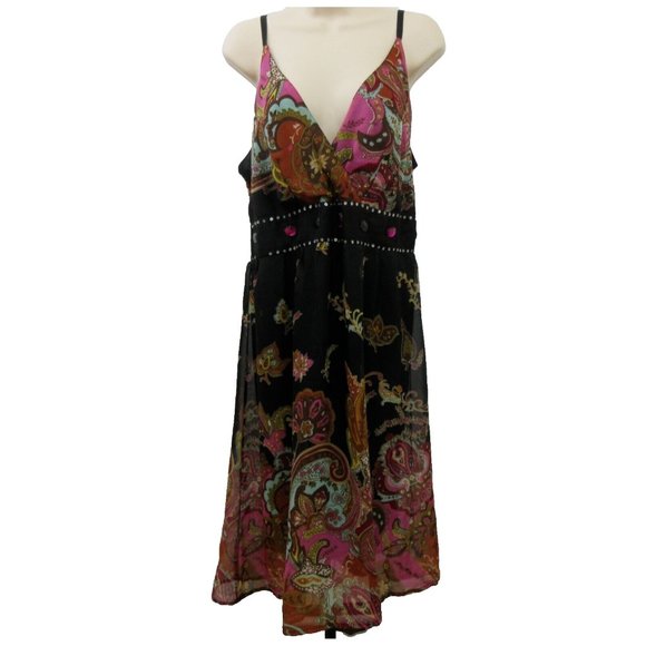 CASSEE'S Sundress Size 2X Colorful Gems Pink Black Pull-On V-Neck Smocked Back - Picture 1 of 12